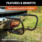 A robust CURT winch mount fitting a 2x2 hitch receiver with skid shield protection.
