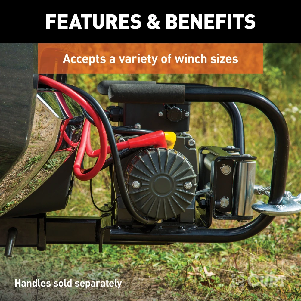 A robust CURT winch mount fitting a 2x2 hitch receiver with skid shield protection.