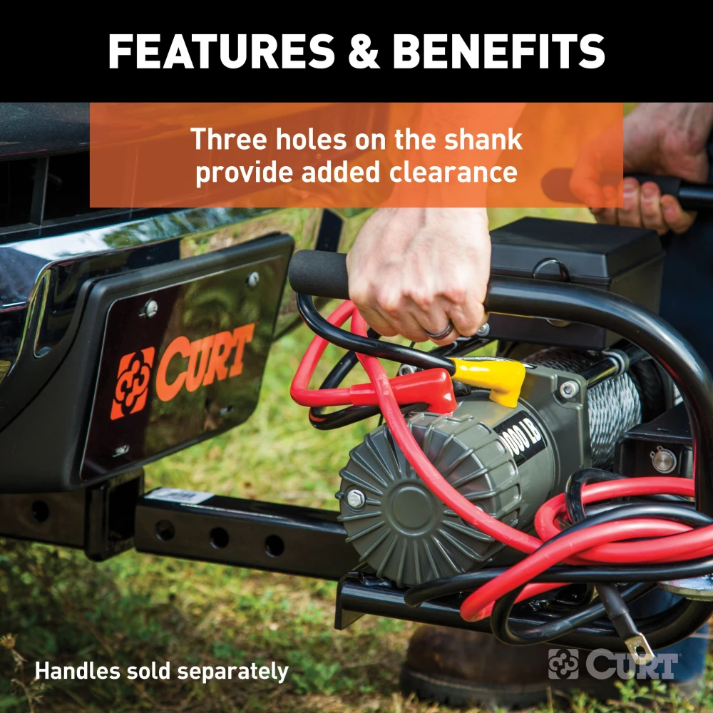 A robust CURT winch mount fitting a 2x2 hitch receiver with skid shield protection.