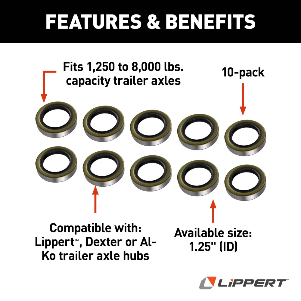 Replacement double lip grease seals by Lippert for trailer axles, available in various sizes and packages.