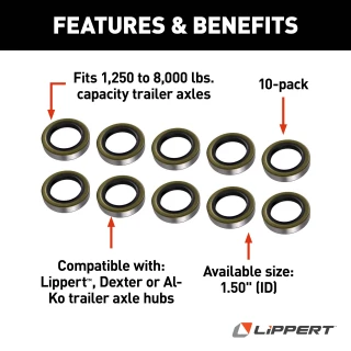 Lippert replacement double lip grease seal for trailer axles, available in packs of 2 or 10