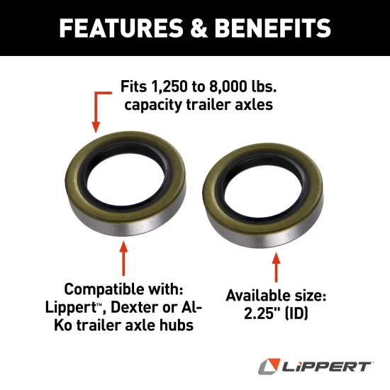 Lippert replacement double lip grease seal for trailer axles, fits Lippert, Dexter or Al-Ko hubs.