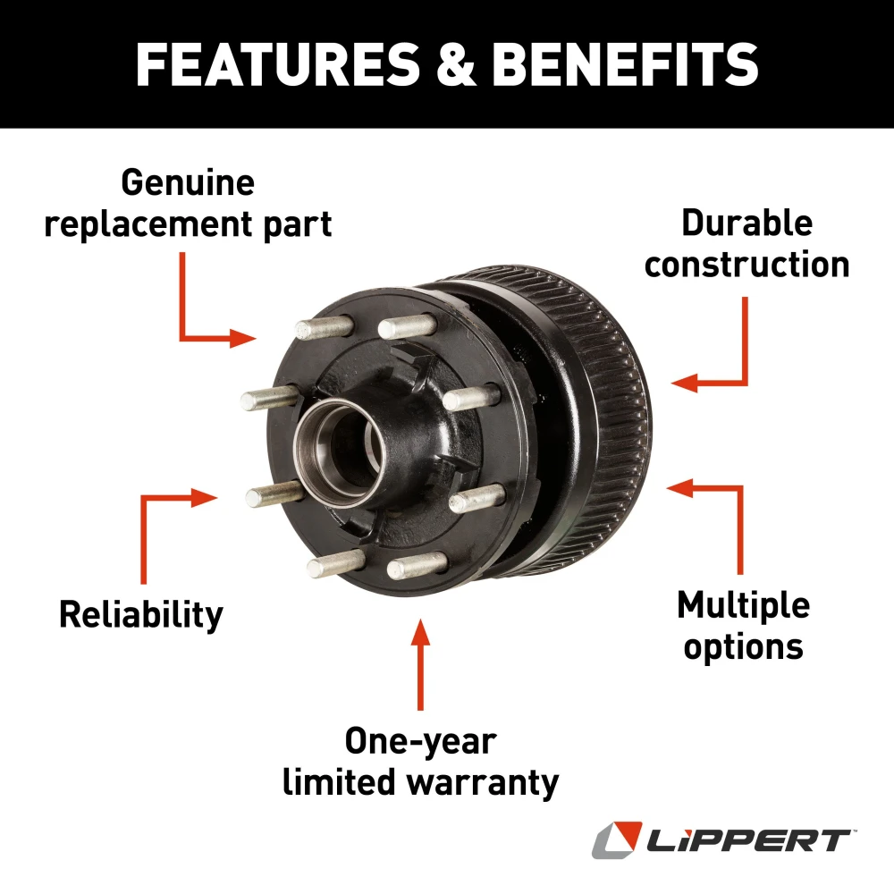 Lippert brake hub assembly for 16,000-lb axle featuring durable iron with 8 on 275 mm bolt pattern and 22 mm studs.