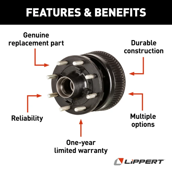 Lippert brake hub assembly for 16,000-lb axle featuring durable iron with 8 on 275 mm bolt pattern and 22 mm studs.
