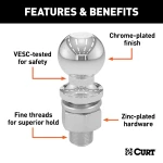CURT 2 Inch Trailer Hitch Ball with Chrome Finish for 6000 lbs Towing CURT 2 inch trailer hitch ball with chrome finish, 6000 lbs capacity