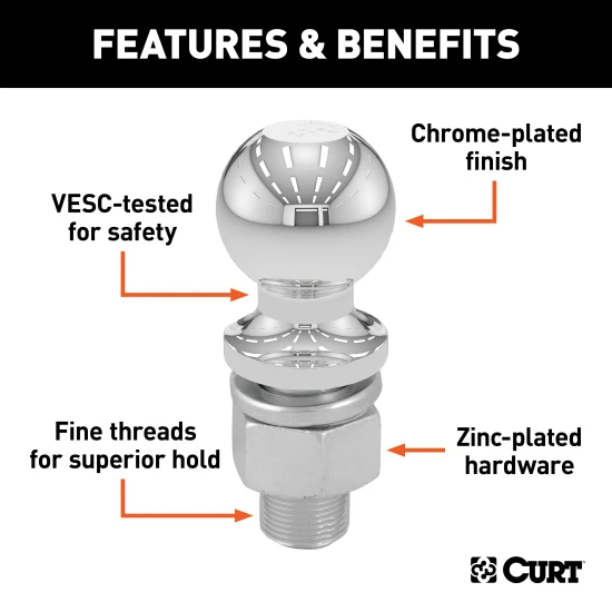 CURT 2-5/16 Inch Trailer Ball for Heavy-Duty Towing - Chrome Finish CURT 2-5/16 inch trailer ball with chrome finish and 15,000 lbs capacity