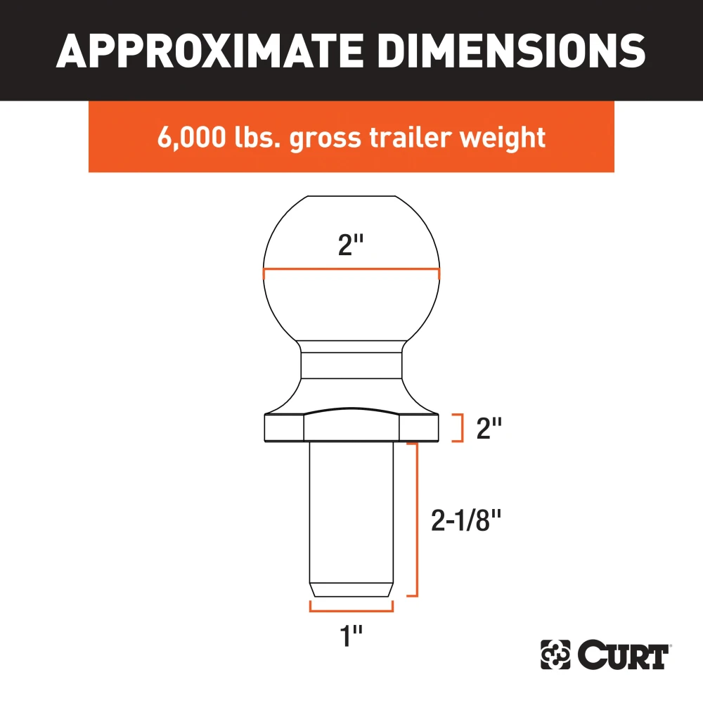 CURT 2 inch trailer ball featuring nickel-chrome finish for 6,000 lbs GTW.