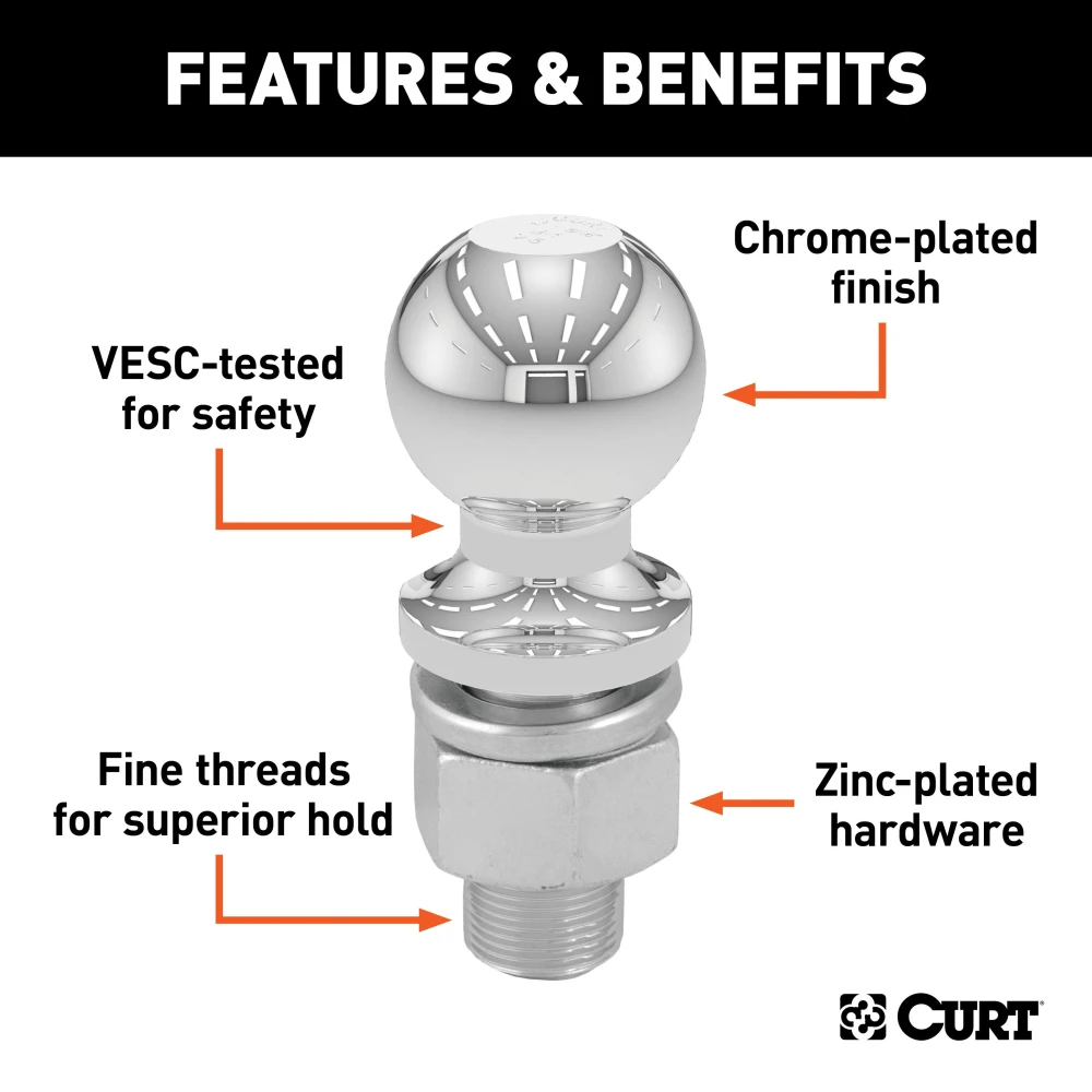 CURT 2-inch trailer hitch ball with durable nickel-chrome finish for up to 7,500 lbs towing capacity