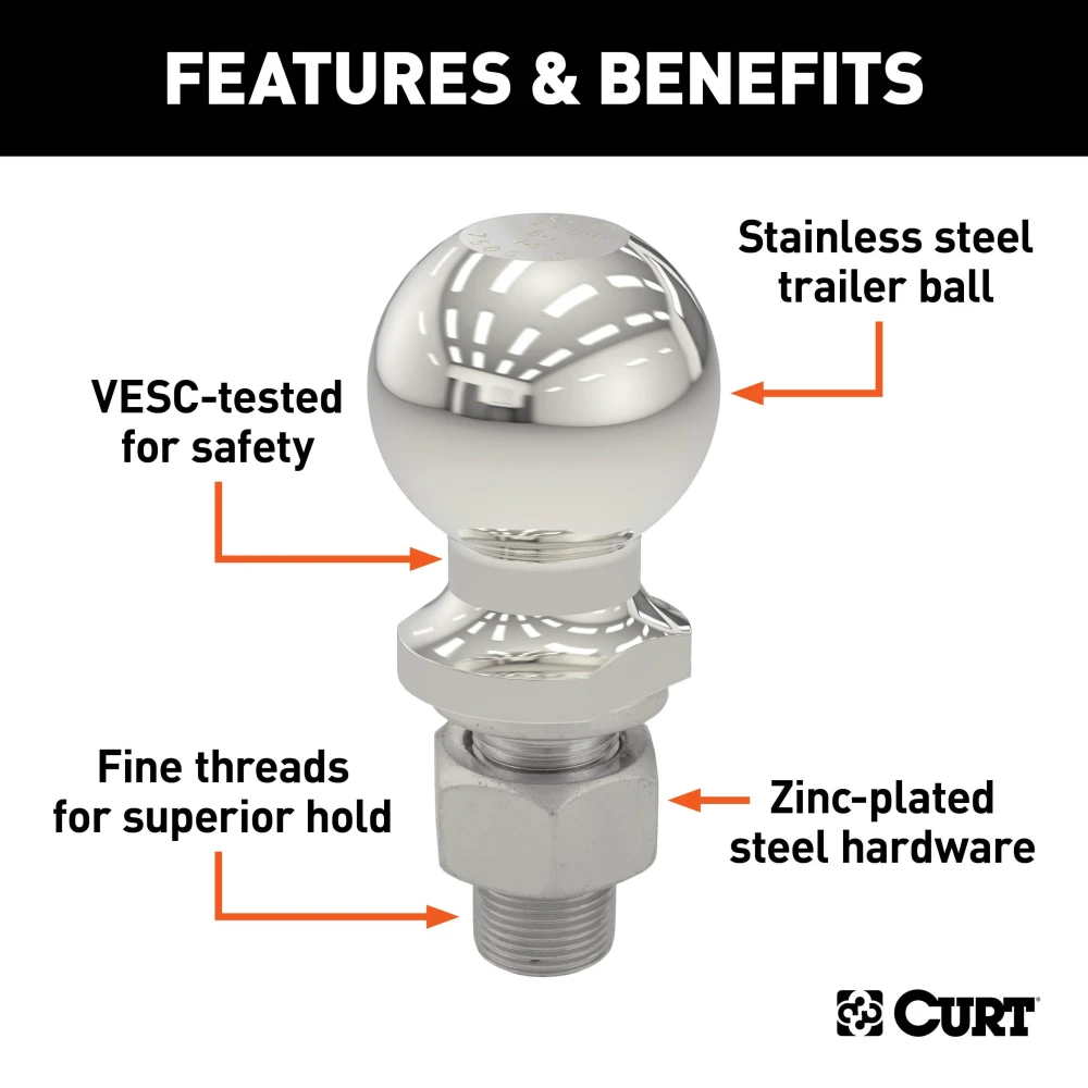 CURT 2-inch trailer hitch ball, stainless steel, 10,000 lbs capacity, for trucks and SUVs