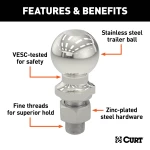 CURT 2-inch trailer hitch ball, stainless steel, 10,000 lbs capacity, for trucks and SUVs