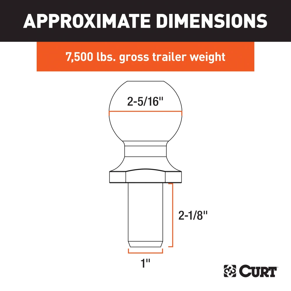 CURT 2-5/16 inch trailer ball with 7500 lbs capacity, chrome finish for durability.