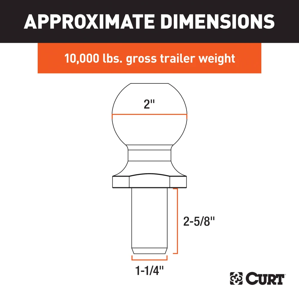 CURT 2-inch trailer ball with chrome finish, supports 10,000 lbs GTW, ideal for class 3 and 4 hitches.