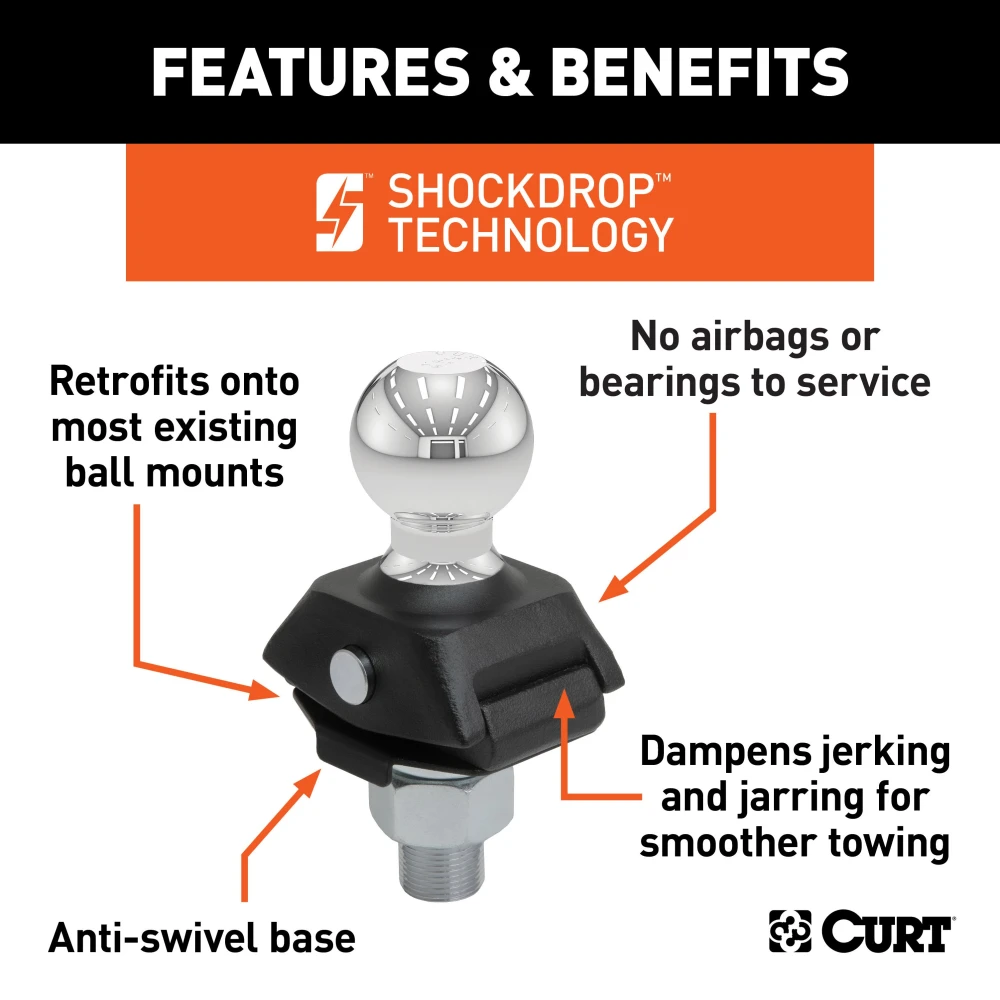 CURT RockerBall trailer hitch ball featuring ShockDrop technology for reduced vibration and noise.