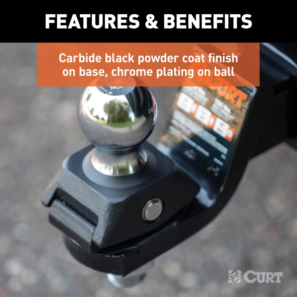 CURT RockerBall trailer hitch ball featuring ShockDrop technology for reduced vibration and noise.