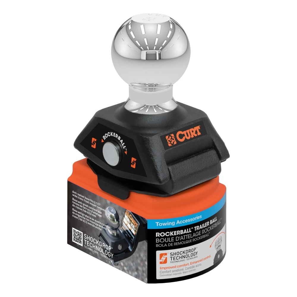 CURT RockerBall trailer hitch ball featuring ShockDrop technology for reduced vibration and noise.