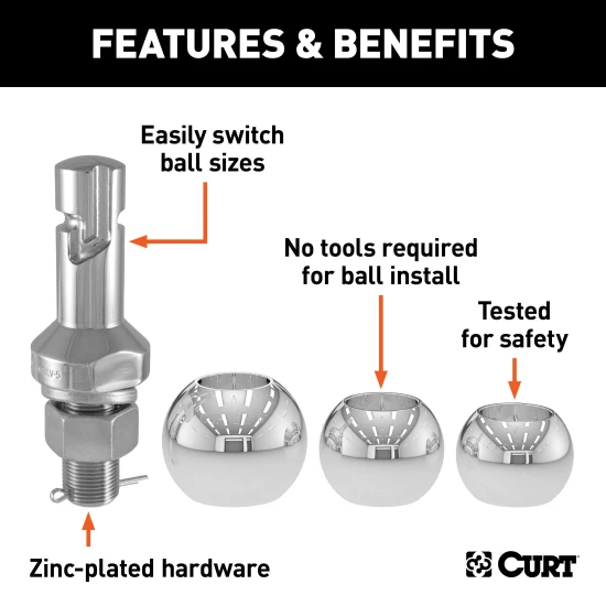 CURT Switch Ball Interchangeable Trailer Balls - Light & Medium Duty CURT Switch Ball trailer balls with interchangeable heads and J-groove design for various towing needs.