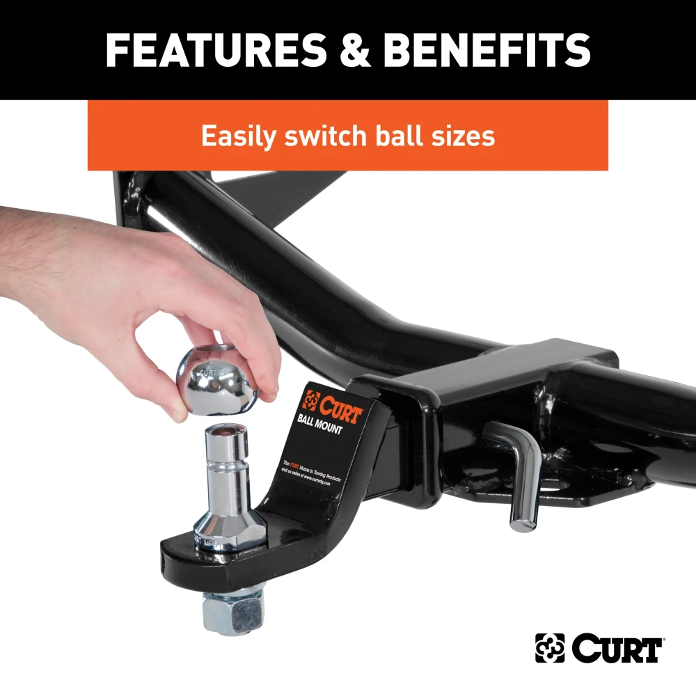 CURT Switch Ball Interchangeable Trailer Balls - Light & Medium Duty CURT Switch Ball trailer balls with interchangeable heads and J-groove design for various towing needs.