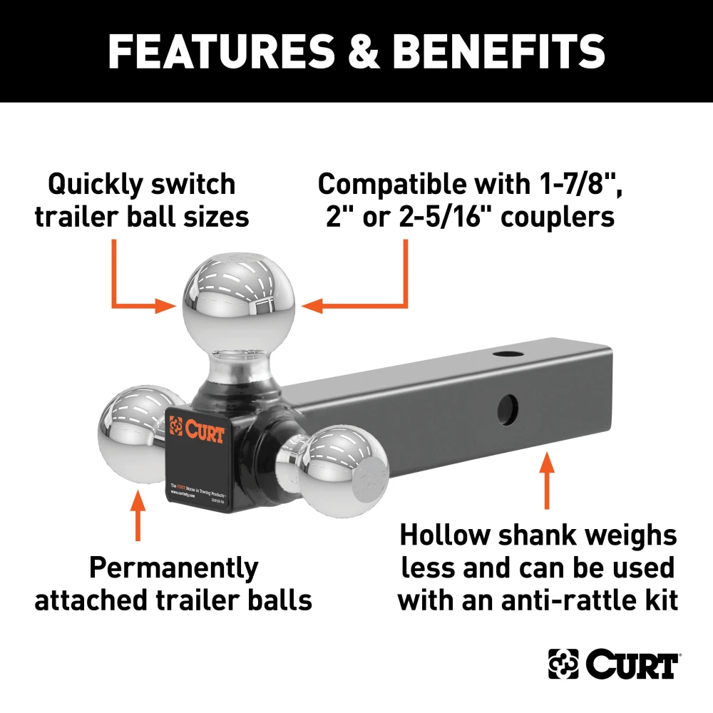 CURT multi-tow ball mount with three welded balls on a hollow shank for versatile towing