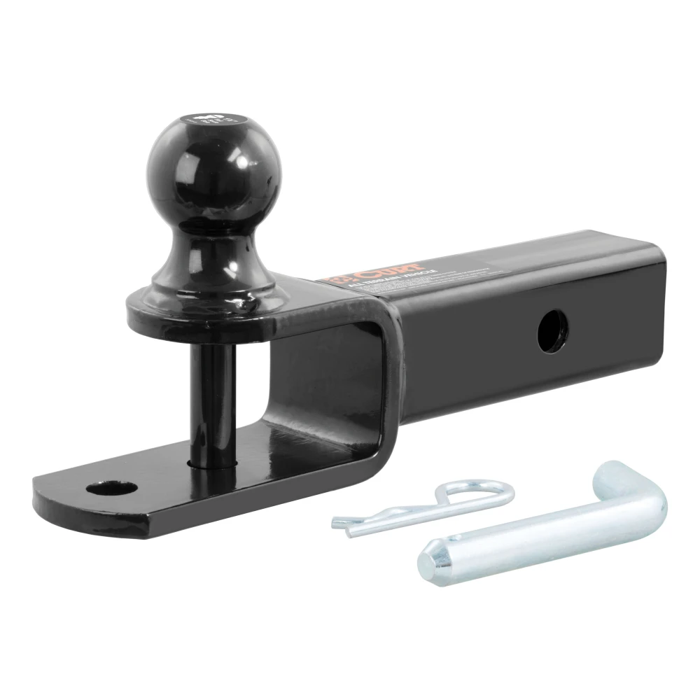 CURT ATV ball mount featuring a trailer ball, clevis pin, and durable black powder coat.