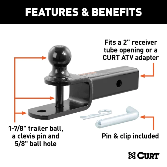 CURT ATV ball mount featuring a trailer ball, clevis pin, and durable black powder coat.