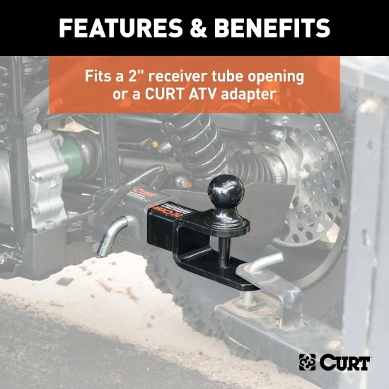 CURT ATV ball mount featuring a trailer ball, clevis pin, and durable black powder coat.