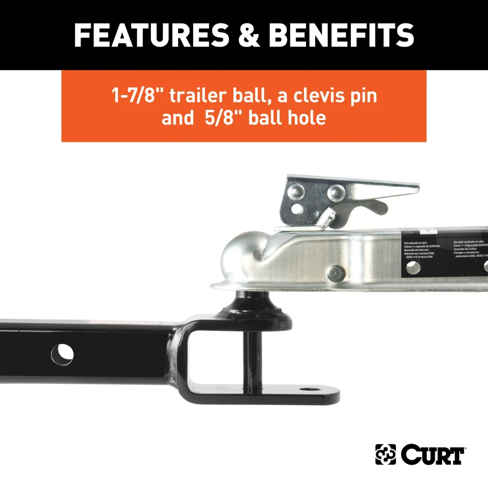 CURT ATV ball mount featuring a trailer ball, clevis pin, and durable black powder coat.