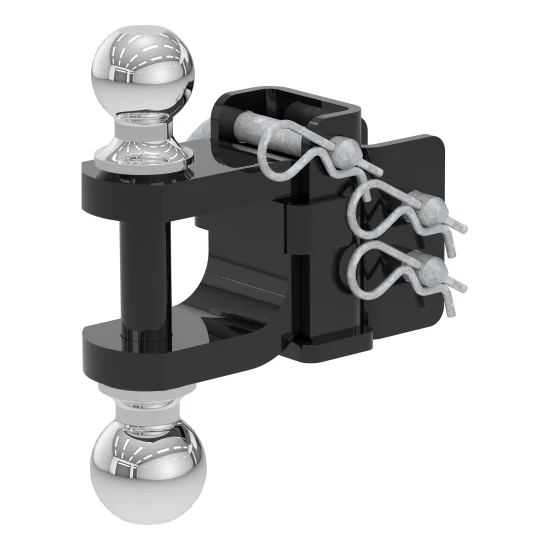 CURT adjustable ball mount featuring dual ball sizes, suitable for 2 inch and 2-5/16 inch couplers, with hitch pins and durable finish.