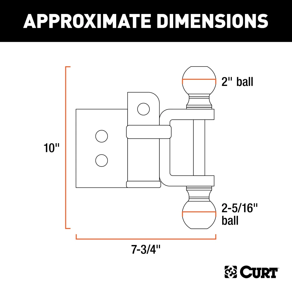 CURT adjustable ball mount featuring dual ball sizes, suitable for 2 inch and 2-5/16 inch couplers, with hitch pins and durable finish.