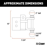 CURT adjustable ball mount featuring dual ball sizes, suitable for 2 inch and 2-5/16 inch couplers, with hitch pins and durable finish.