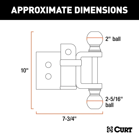 CURT adjustable ball mount featuring dual ball sizes, suitable for 2 inch and 2-5/16 inch couplers, with hitch pins and durable finish.