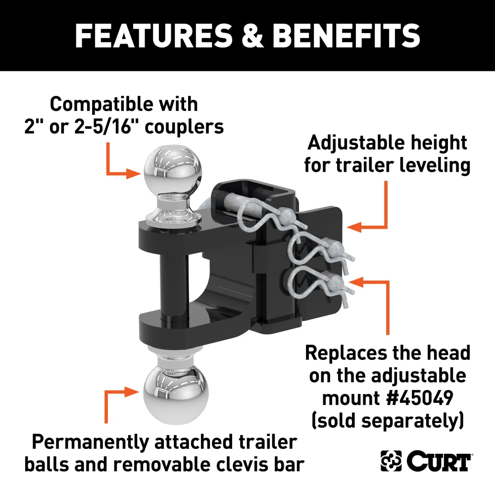 CURT adjustable ball mount featuring dual ball sizes, suitable for 2 inch and 2-5/16 inch couplers, with hitch pins and durable finish.