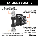 CURT adjustable ball mount featuring dual ball sizes, suitable for 2 inch and 2-5/16 inch couplers, with hitch pins and durable finish.