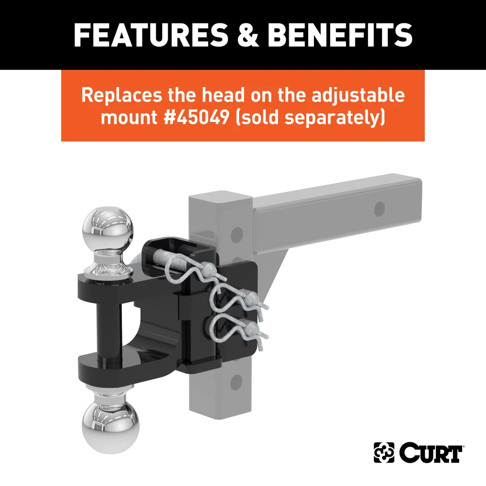 CURT adjustable ball mount featuring dual ball sizes, suitable for 2 inch and 2-5/16 inch couplers, with hitch pins and durable finish.