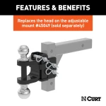 CURT adjustable ball mount featuring dual ball sizes, suitable for 2 inch and 2-5/16 inch couplers, with hitch pins and durable finish.