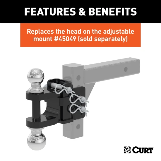 CURT adjustable ball mount featuring dual ball sizes, suitable for 2 inch and 2-5/16 inch couplers, with hitch pins and durable finish.