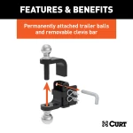 CURT adjustable ball mount featuring dual ball sizes, suitable for 2 inch and 2-5/16 inch couplers, with hitch pins and durable finish.