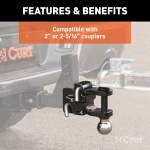 CURT adjustable ball mount featuring dual ball sizes, suitable for 2 inch and 2-5/16 inch couplers, with hitch pins and durable finish.