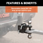 CURT adjustable ball mount featuring dual ball sizes, suitable for 2 inch and 2-5/16 inch couplers, with hitch pins and durable finish.