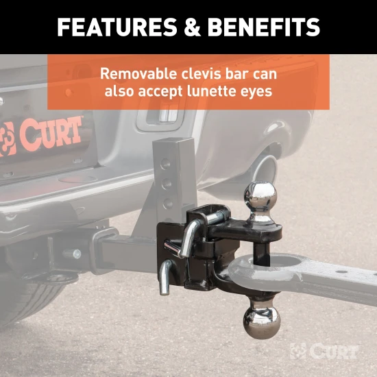 CURT adjustable ball mount featuring dual ball sizes, suitable for 2 inch and 2-5/16 inch couplers, with hitch pins and durable finish.