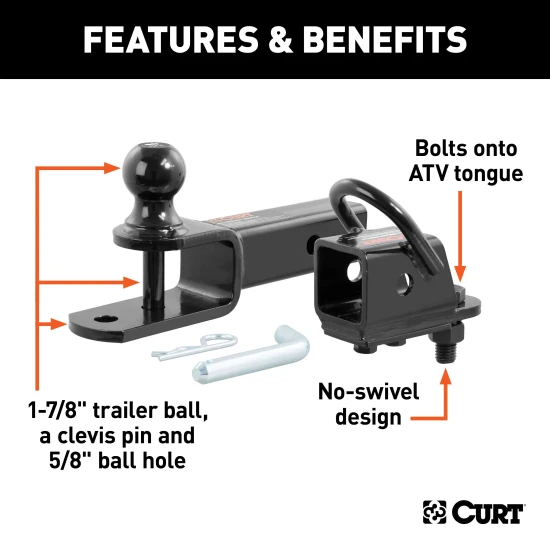 CURT ATV towing kit with 3-in-1 ball mount and bolt-on adapter for versatile towing.