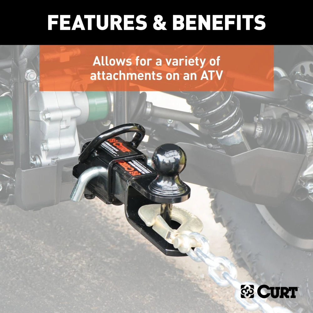 CURT ATV towing kit with 3-in-1 ball mount and bolt-on adapter for versatile towing.