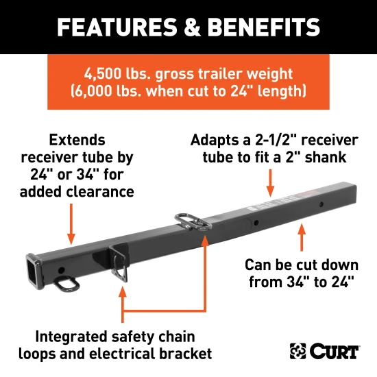 CURT hitch adapter converting 2-1/2 to 2 inches, with safety chain loops and electrical bracket