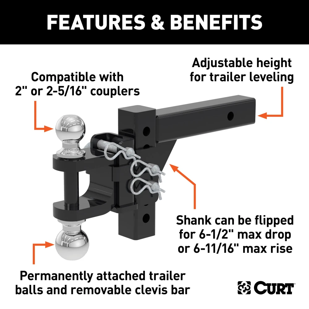 CURT adjustable ball mount featuring dual ball sizes and adjustable shank for versatile trailer towing.