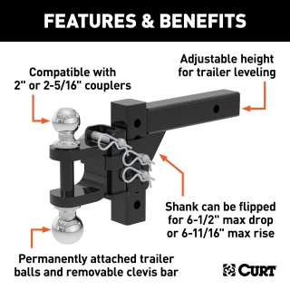 CURT adjustable ball mount featuring dual ball sizes and adjustable shank for versatile trailer towing.
