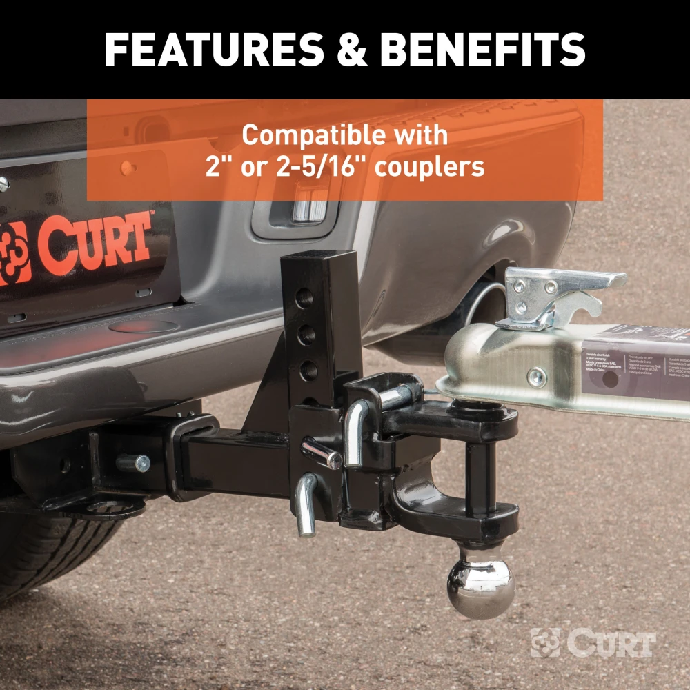 CURT adjustable ball mount featuring dual ball sizes and adjustable shank for versatile trailer towing.