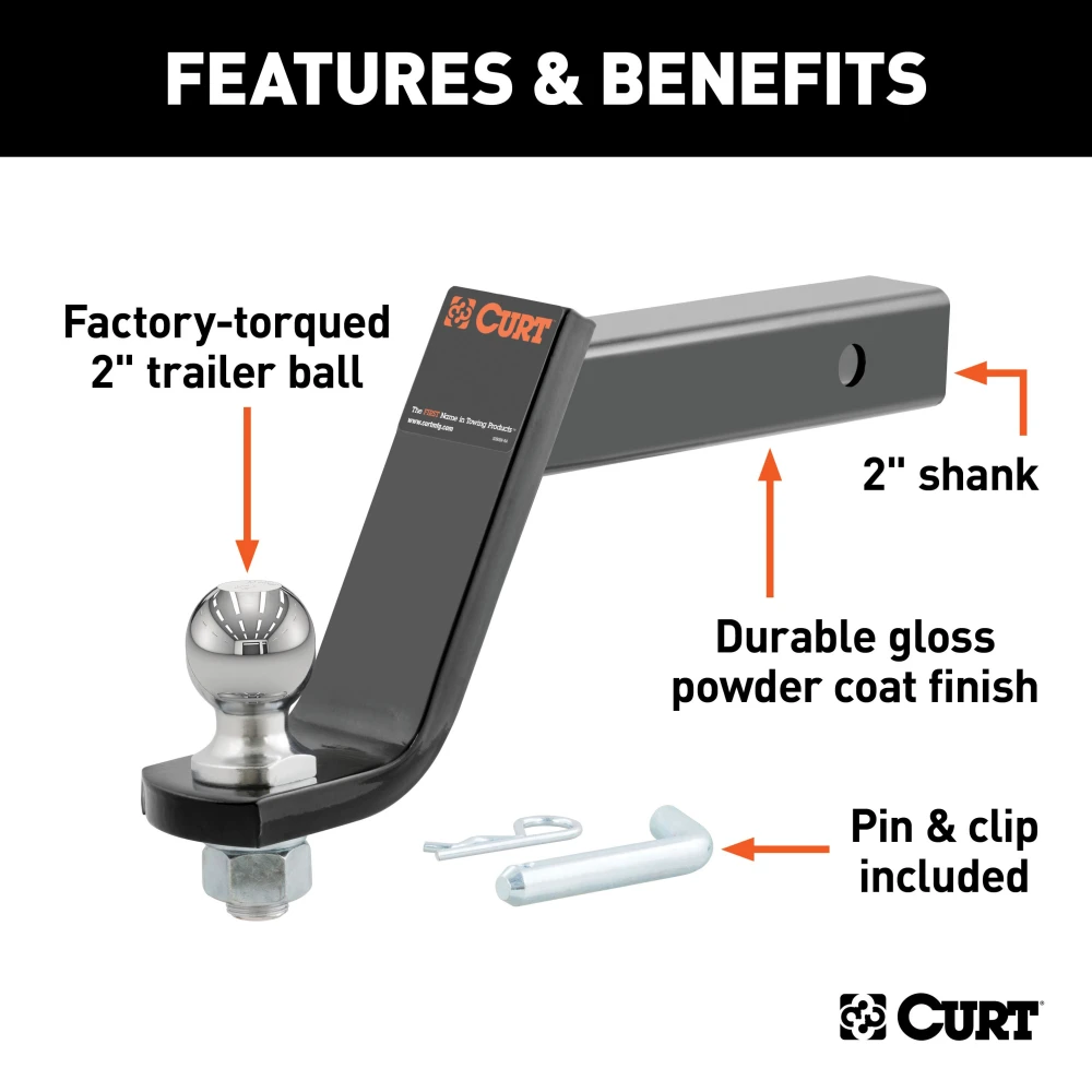 CURT loaded ball mount with 2 inch trailer ball, fits 2x2 inch hitch, rated for 7500 lbs GTW, 750 lbs TW, includes pin and clip