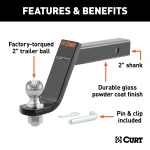 CURT loaded ball mount with 2 inch trailer ball, fits 2x2 inch hitch, rated for 7500 lbs GTW, 750 lbs TW, includes pin and clip