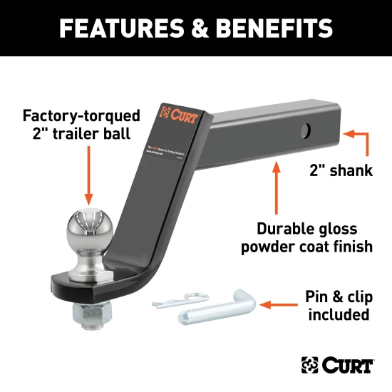 CURT loaded ball mount with 2 inch trailer ball, fits 2x2 inch hitch, rated for 7500 lbs GTW, 750 lbs TW, includes pin and clip