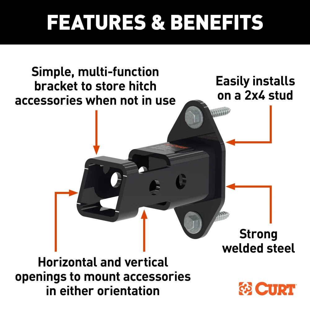 CURT wall mount organizing hitch accessories in a garage