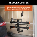 CURT wall mount organizing hitch accessories in a garage